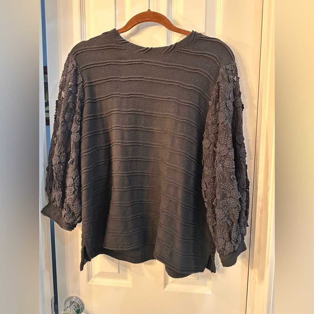 Eri+Ali Black  Crochet Floral Puff Sleeve Pullover Blouse M